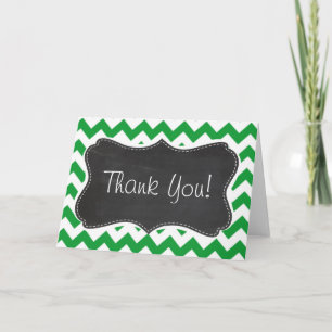 Kelly Green Chevron Stripes; Chalkboard look Thank You Card