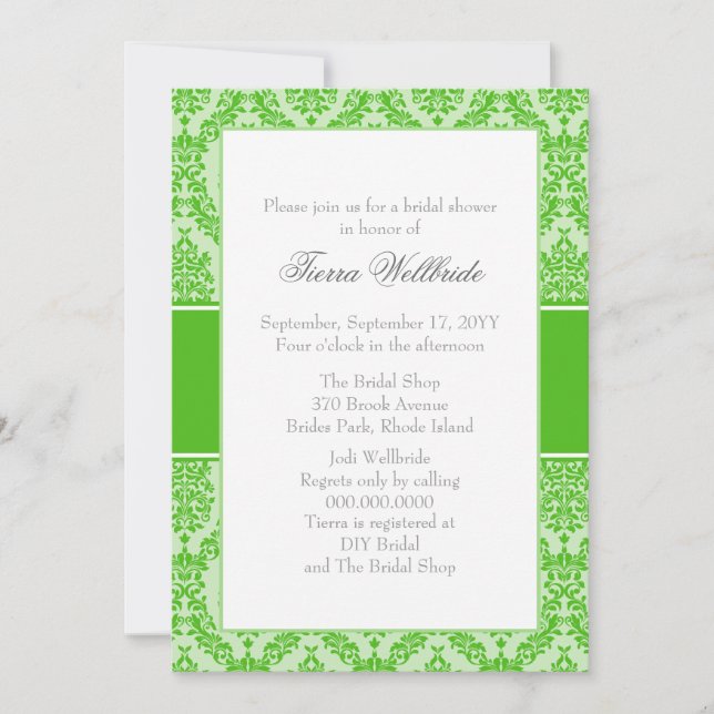 Kelly Green Damask Bridal Shower Invitation (Front)