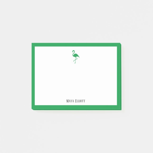 Kelly Green Flamingo and Border on White with Name Post-it Notes (Front)