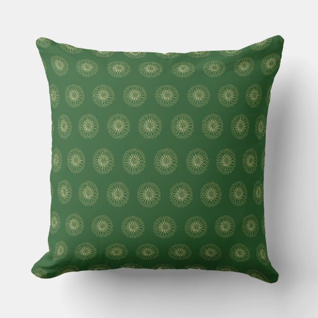 Kelly Green | Golden Zinnia Flower Medallions Cushion (Front)