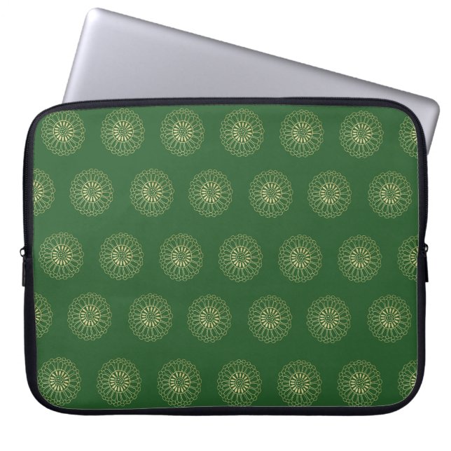 Kelly Green | Golden Zinnia Flower Medallions Laptop Sleeve (Front)