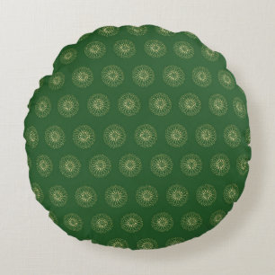 Kelly Green Golden Zinnia Flower Medallions Round Cushion