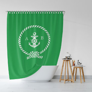 Kelly Green Nautical Rope and Anchor Monogram Shower Curtain