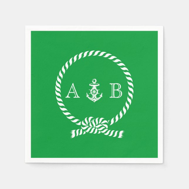 Kelly Green Nautical Rope and Anchor Monogrammed Napkin (Front)