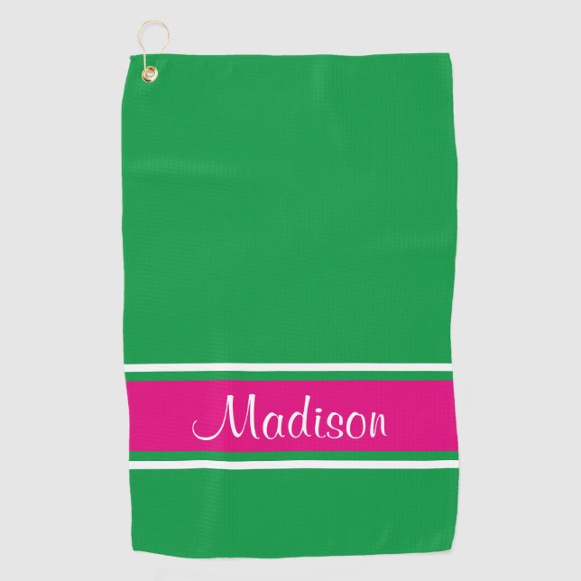 Kelly Green Pink Stripe Script Name Golf Towel (Front)