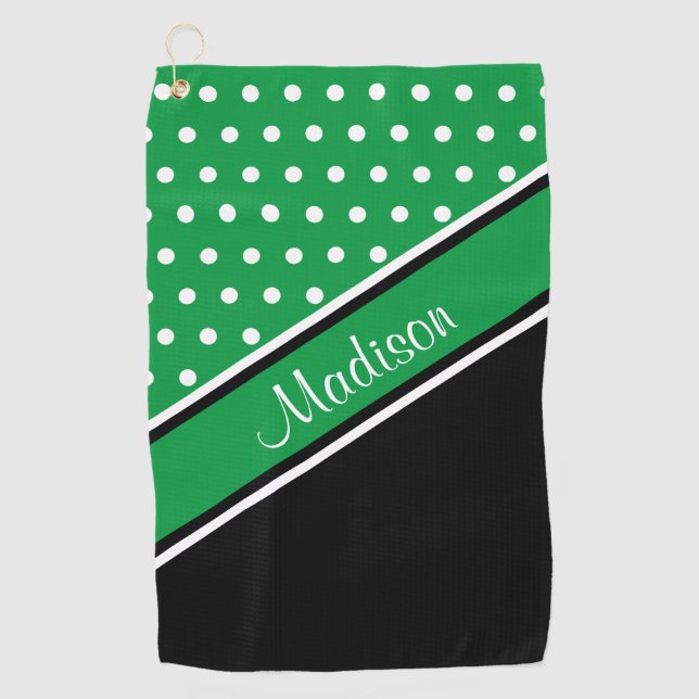 Kelly Green Polka Dot Black Diagonal Script Name Golf Towel (Front)
