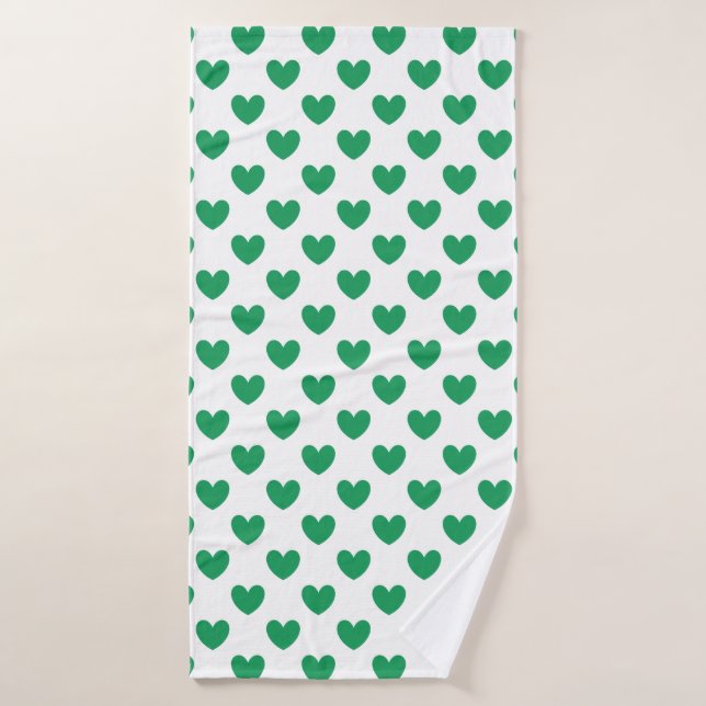 Kelly green polka hearts on white bath towel (Bath Towel)