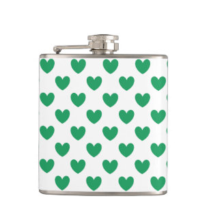 Kelly green polka hearts on white hip flask
