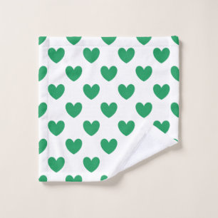 Kelly green polka hearts on white wash cloth