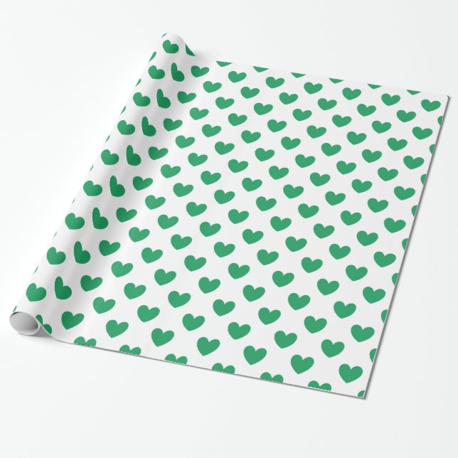 Kelly green polka hearts on white wrapping paper (Unrolled)