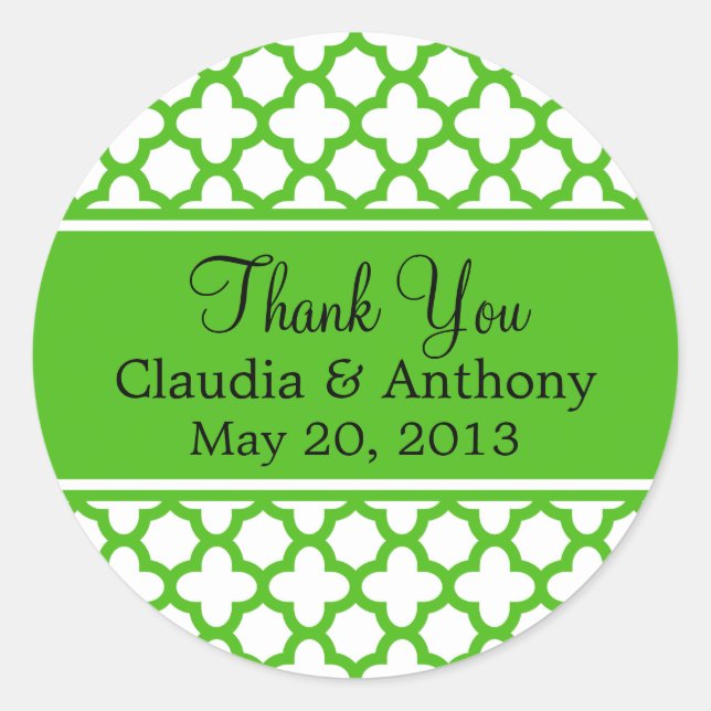 Kelly Green Quatrefoil Pattern Wedding Thank You Classic Round Sticker (Front)