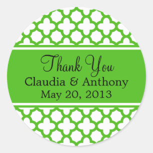 Kelly Green Quatrefoil Pattern Wedding Thank You Classic Round Sticker