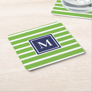 Kelly Green Stripe Modern Monogram Coastal Beach Square Paper Coaster