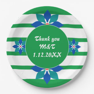 Kelly Green stripes and blue flowers Paper Plate