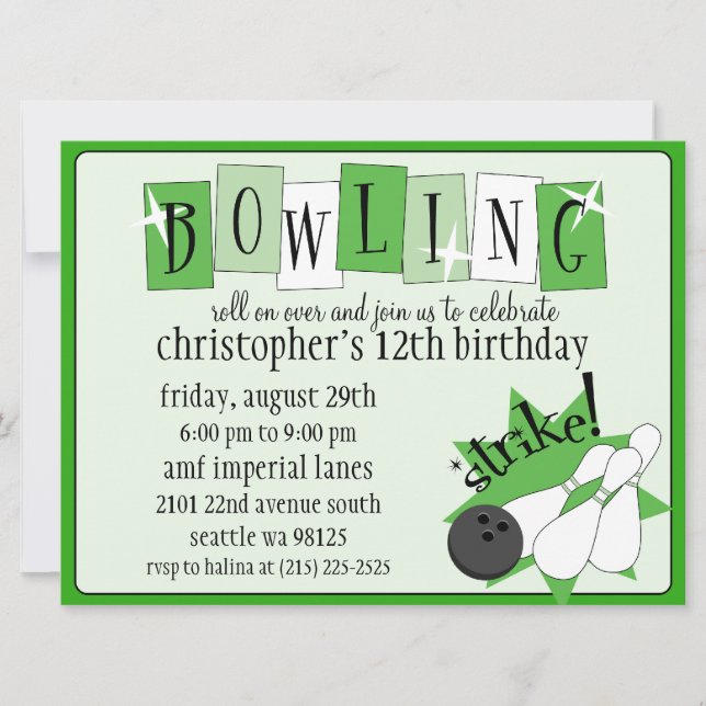 Kelly Green Totally Retro Bowling Birthday Party Invitation (Front)
