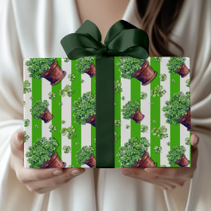 Kelly Green Vintage Striped Cute Clover Pot Wrapping Paper
