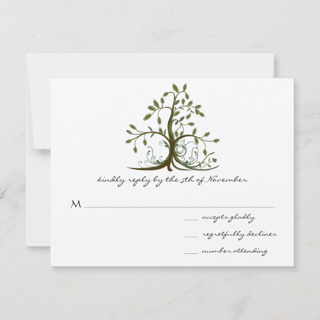 Kelly Green Whimsical Swirl Tree Wedding RSVP Card (Front)