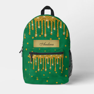 Kelly Green With Gold Glitter Drips-Personalised Printed Backpack