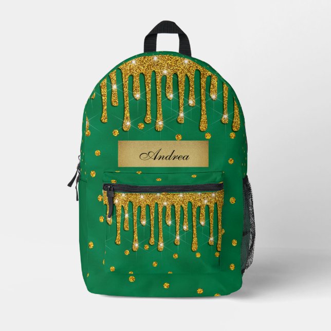  Kelly Green With Gold Glitter Drips-Personalised Printed Backpack (Front)