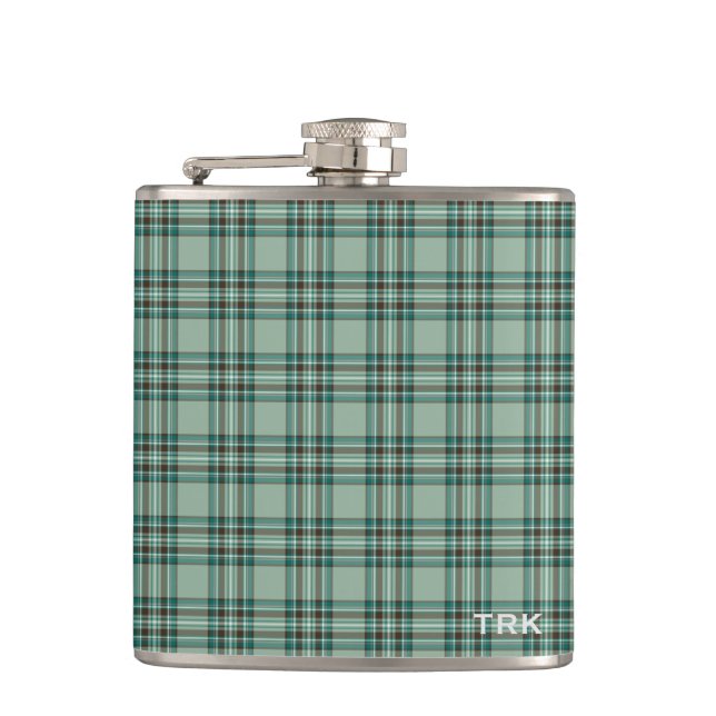 Kelly Tartan Monogram Mint Green Plaid Hip Flask (Front)
