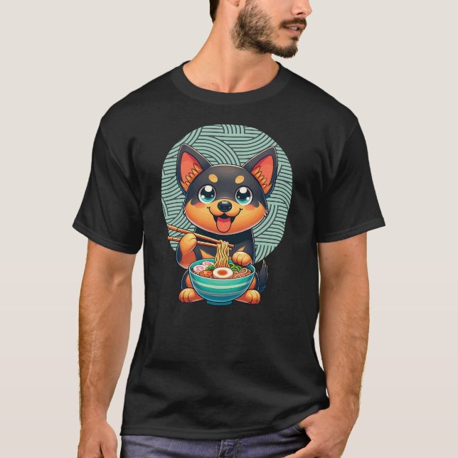 Kelpie Dog Eating Ramen, Australian Kelpie T-Shirt (Front)