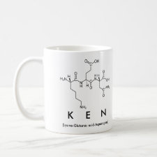 Mug featuring the name Ken spelled out in the single letter amino acid code