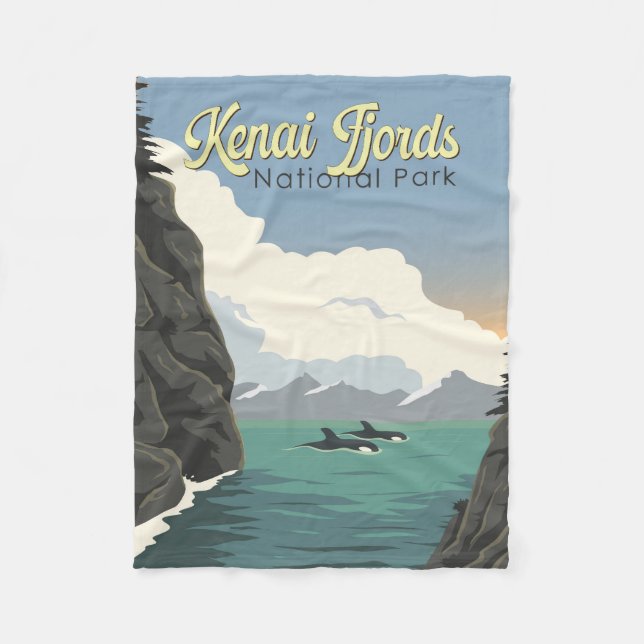 Kenai Fjords National Park Illustration Travel Art Fleece Blanket (Front)