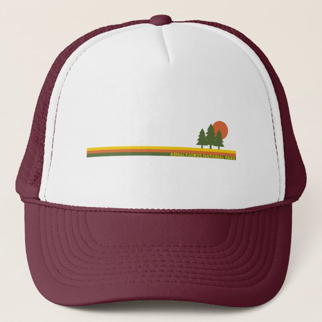 Kenai Fjords National Park Pine Trees Sun Trucker Hat (Front)