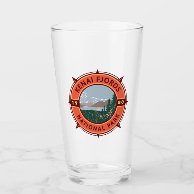 Kenai Fjords National Park Retro Compass Emblem Glass (Front)