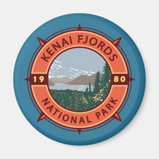 Kenai Fjords National Park Retro Compass Emblem Magnet (Front)