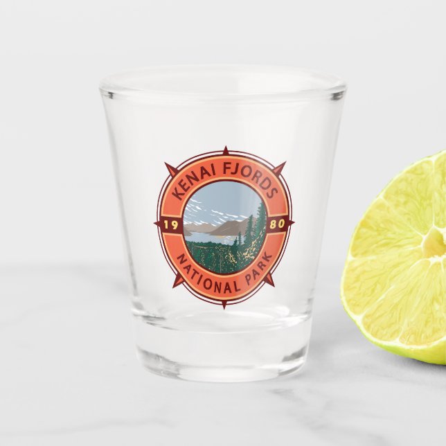 Kenai Fjords National Park Retro Compass Emblem Shot Glass (Front)