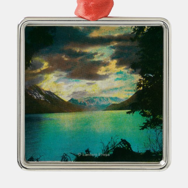 Kenai Lake, Alaska with Storm Gathering Metal Tree Decoration (Front)
