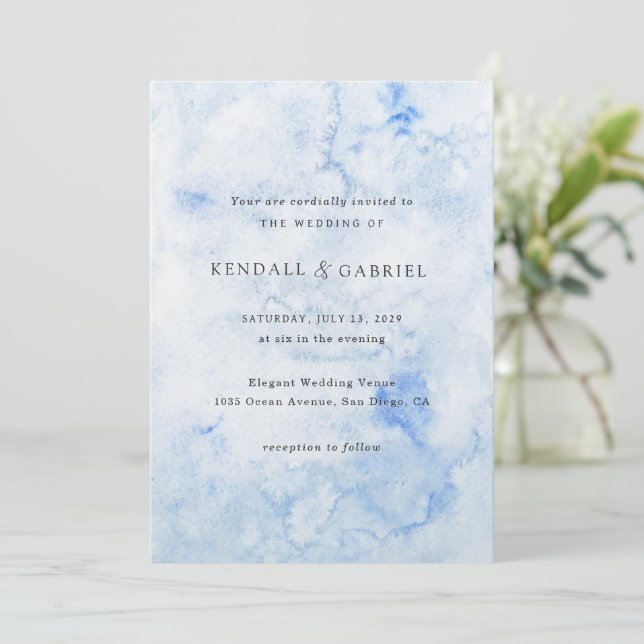 Kendall Blue Watercolor Elegant Wedding Invitation (Standing Front)