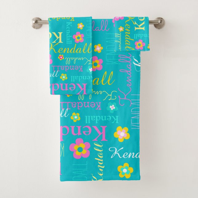 Kendall graphic flowers name aqua yellow pink bath towel set (Insitu)