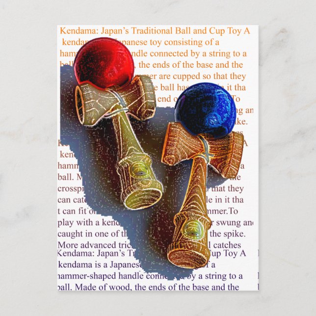 Kendama, Red and Blue Colour Ink Sketch Postcard (Front)