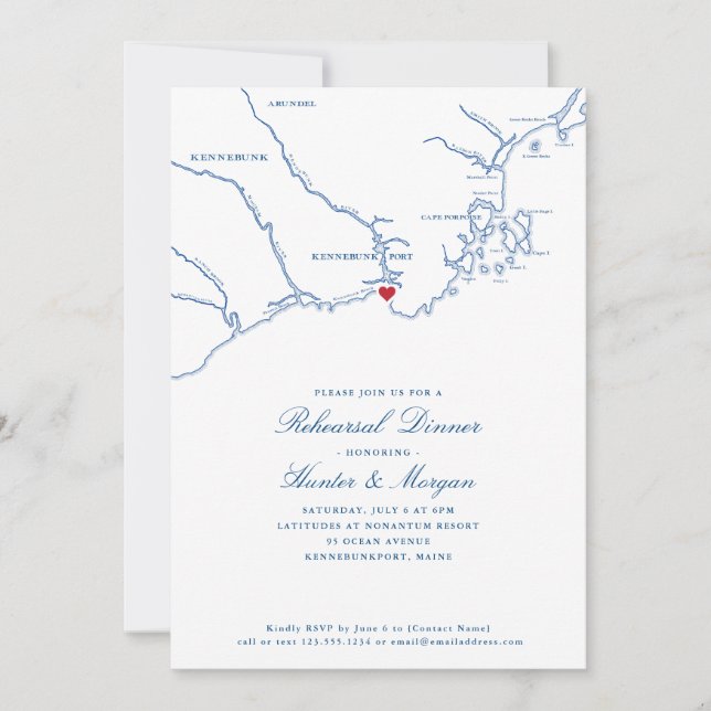 Kennebunkport Maine Map Navy Blue Rehearsal Dinner Invitation (Front)