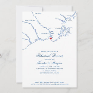 Kennebunkport Maine Map Navy Blue Rehearsal Dinner Invitation