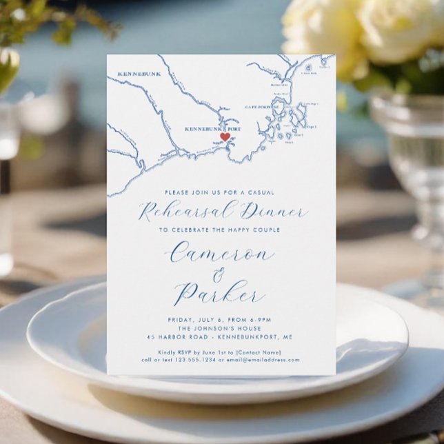 Kennebunkport ME Casual Wedding Rehearsal Dinner Invitation (Kennebunkport Maine Casual Wedding Rehearsal Dinner Invitation in Navy Blue from Coastal Map Designs)