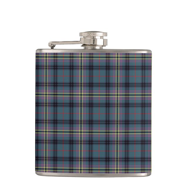 Kennedy Clan Ancient Tartan Teal Blue Plaid Hip Flask (Front)