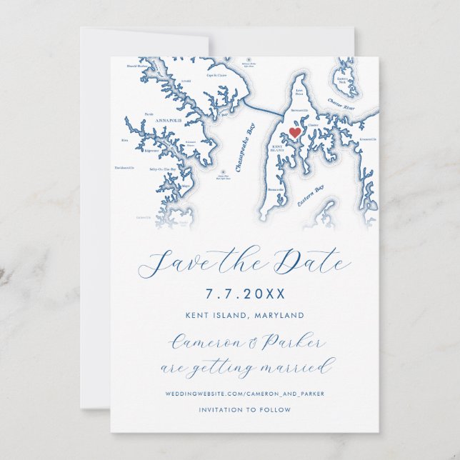 Kent Island Maryland Map Navy Blue Photo Save The Date (Front)