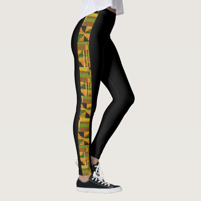 Kente Tribal African fabric print orange green Leggings (Right)
