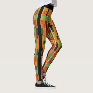 Kente Tribal African fabric print orange green Leggings