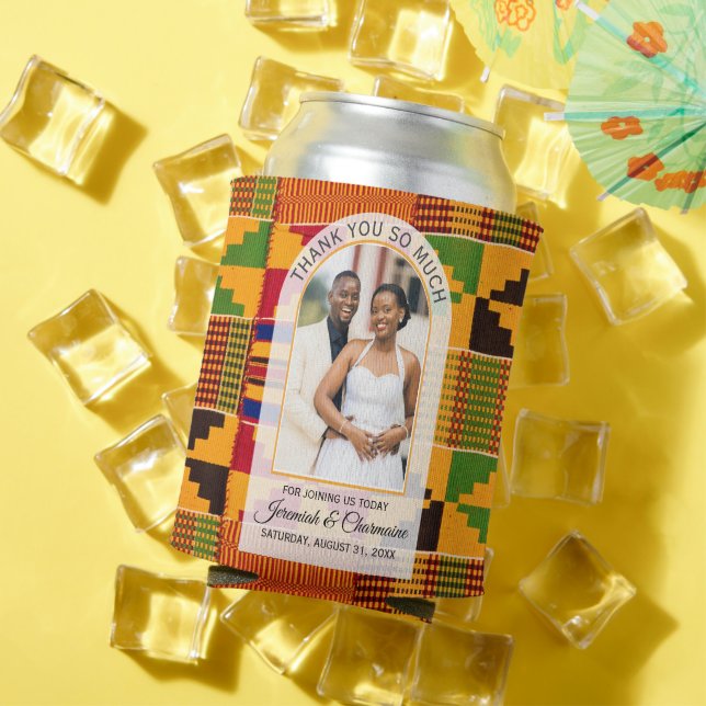 Kente WEDDING THANK YOU GUESTS African Ghanaian  Can Cooler (In Situ Summer)