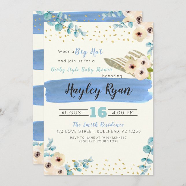Kentucky Derby Big Hat Eucalyptus Boy Baby Shower Invitation (Front/Back)