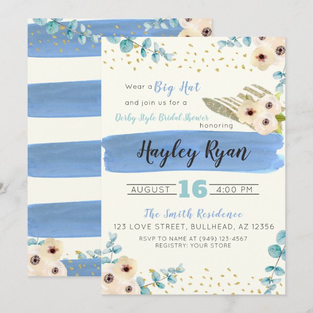 Kentucky Derby Big Hat Eucalyptus Bridal Shower Invitation (Front/Back)