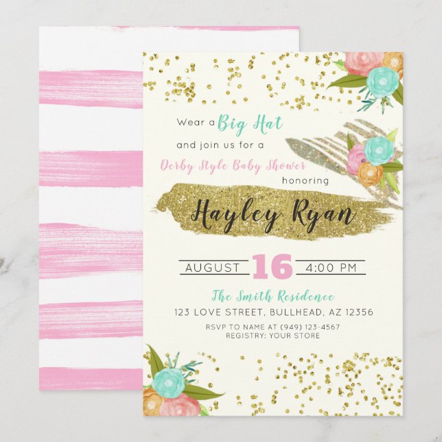 Kentucky Derby Big Hat Pink & Mint Baby Shower Invitation (Front/Back)