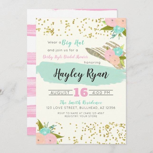 Kentucky Derby Big Hat Pink & Mint Bridal Shower Invitation (Front/Back)