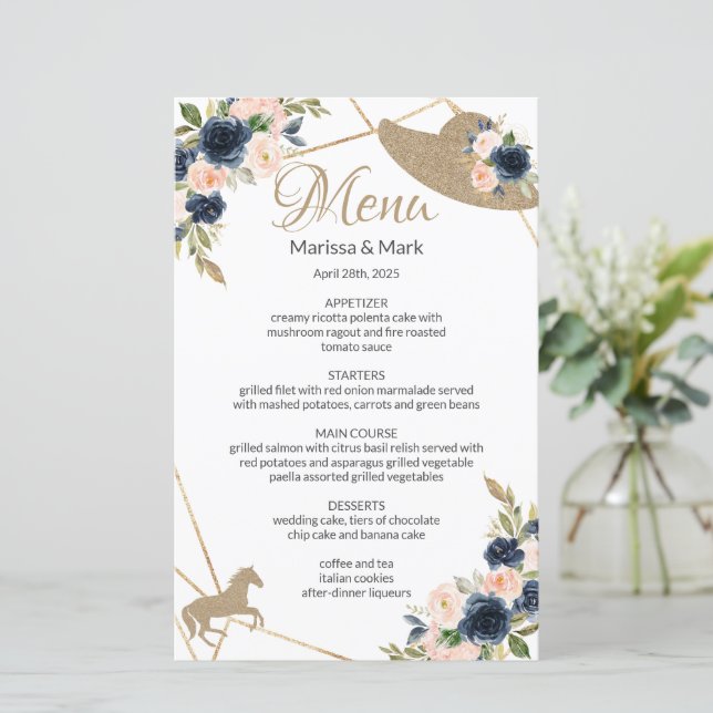 Kentucky Derby Blush & Navy Wedding Menu  (Standing Front)