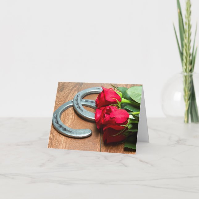 Kentucky Derby Red Roses with Horseshoes on Wood Card (Front)