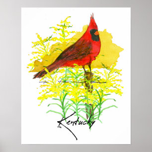 Kentucky State Shape Cardinal Bird Goldenrod Poster